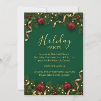 Elegant Green Gold Christmas Holiday Party Invitation