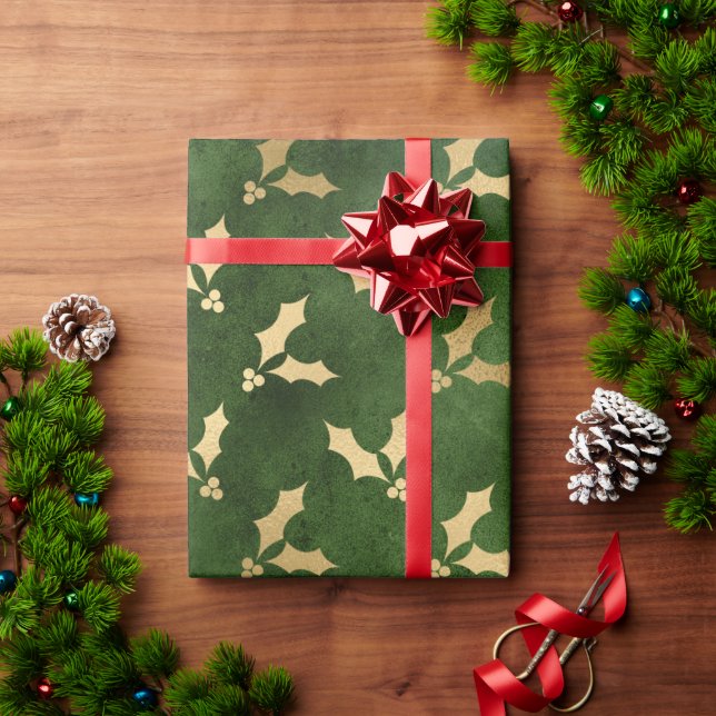 Elegant green & gold Christmas holly pattern Wrapping Paper (Holiday Gift)