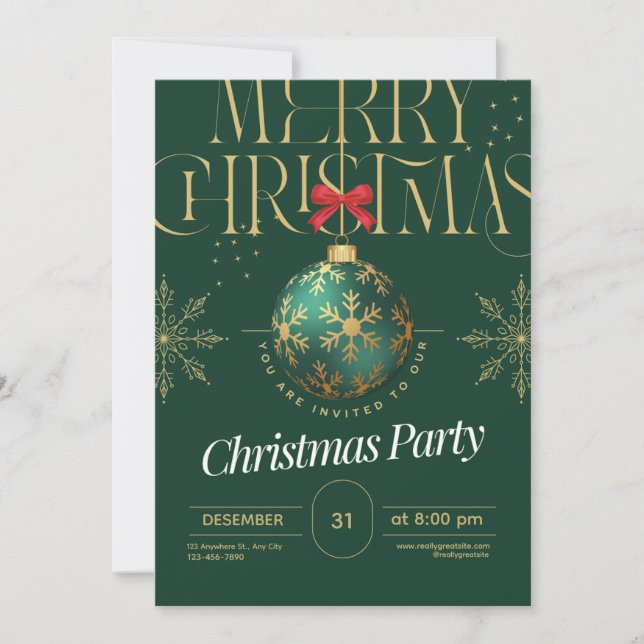 Elegant Green & Gold Christmas Invitation (Front)