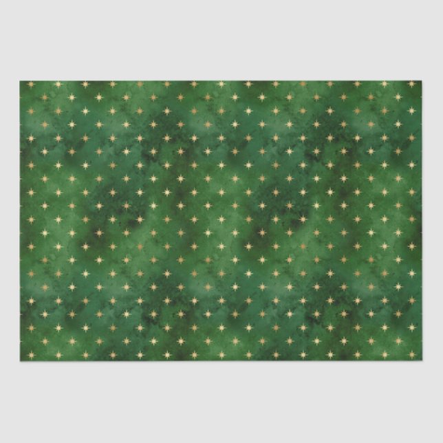 Elegant green gold Christmas lights stars pattern Tissue Paper (Front)