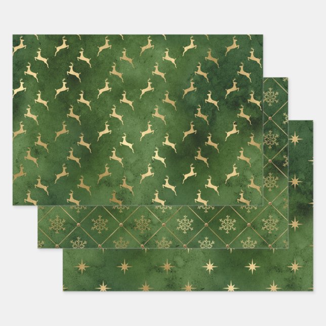 Elegant green & gold Christmas patterns   Wrapping Paper Sheet (Set)