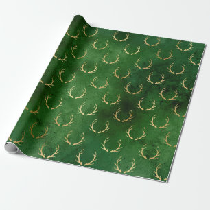 Elegant green & gold Christmas reindeer pattern Wrapping Paper