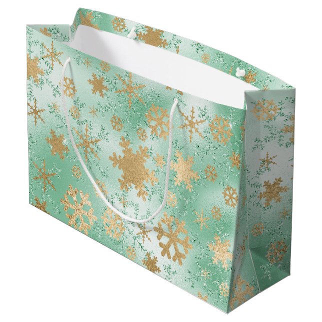 Elegant Green & Gold Christmas Snowflake Pattern Large Gift Bag (Back Angled)