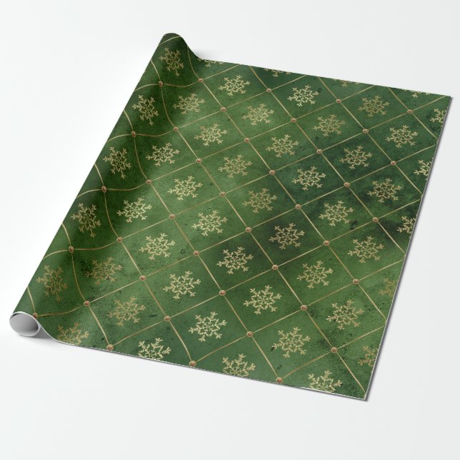 Elegant green & gold Christmas snowflake pattern Wrapping Paper (Unrolled)