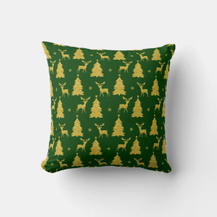 Elegant Green Gold Christmas Tree Reindeer Stylish Cushion