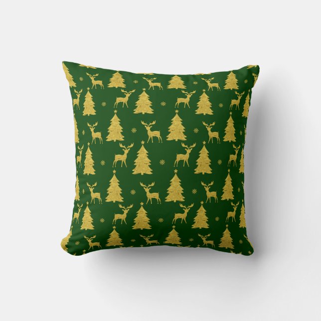 Elegant Green Gold Christmas Tree Reindeer Stylish Cushion (Front)
