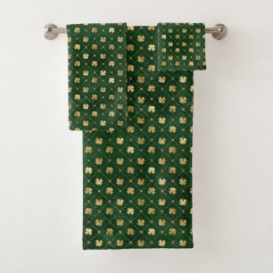 Elegant Green Gold Clover Bath Towel Set