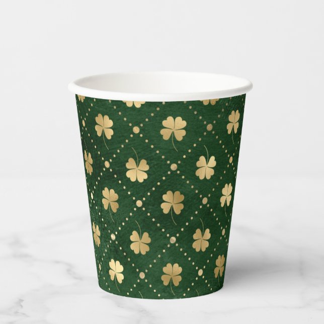 Elegant Green Gold Clover Paper Cups (Front)
