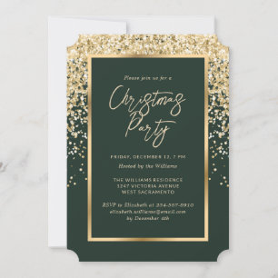 Elegant Green Gold Confetti Christmas Party Invitation