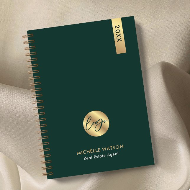 Elegant Green & Gold Corporate Business Logo 2026 Planner (Elegant emerald green and gold logo business planner with your custom text)