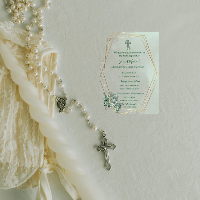 Elegant Green & Gold Cross Baptism Invitation  (Creator Uploaded)