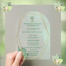 Elegant Green & Gold Cross Baptism Invitation
