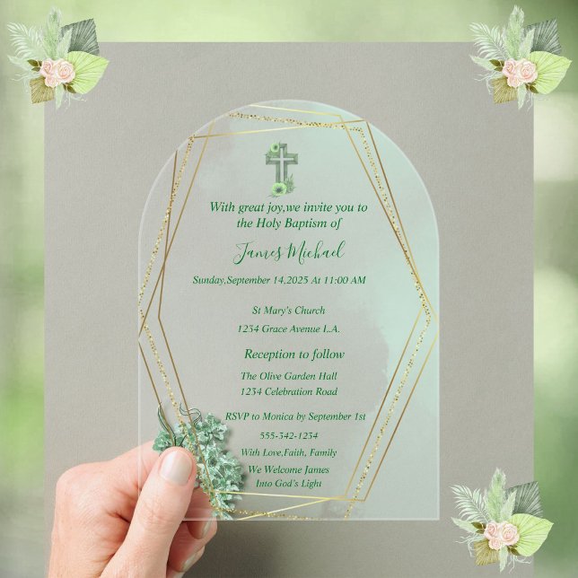 Elegant Green & Gold Cross Baptism Invitation  (Creator Uploaded)