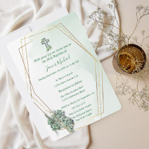 Elegant Green & Gold Cross Baptism Invitation