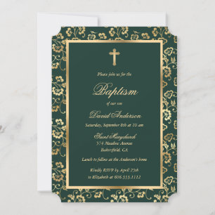 Elegant Green Gold Cross Script Floral Baptism Invitation