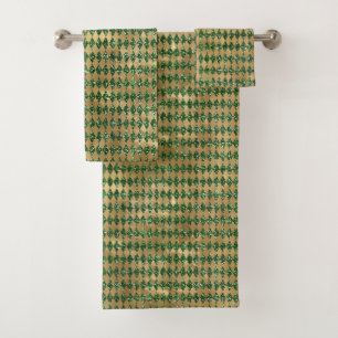 Elegant Green Gold Diamond Pattern Bath Towel Set