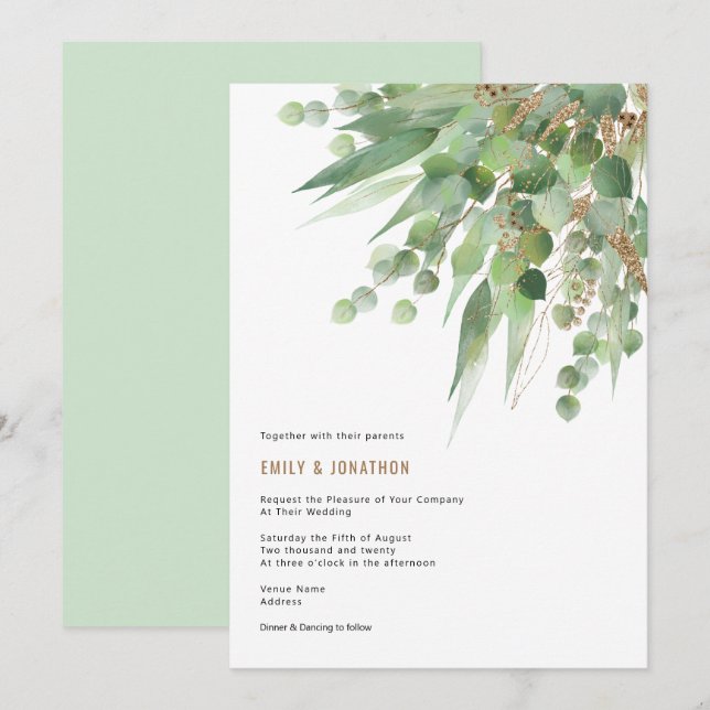 Elegant Green Gold Eucalyptus Leaf Wedding Invitation (Front/Back)