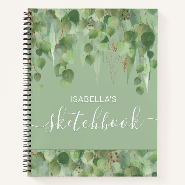 Elegant Green Gold Eucalyptus Name Sketchbook Notebook (Front)