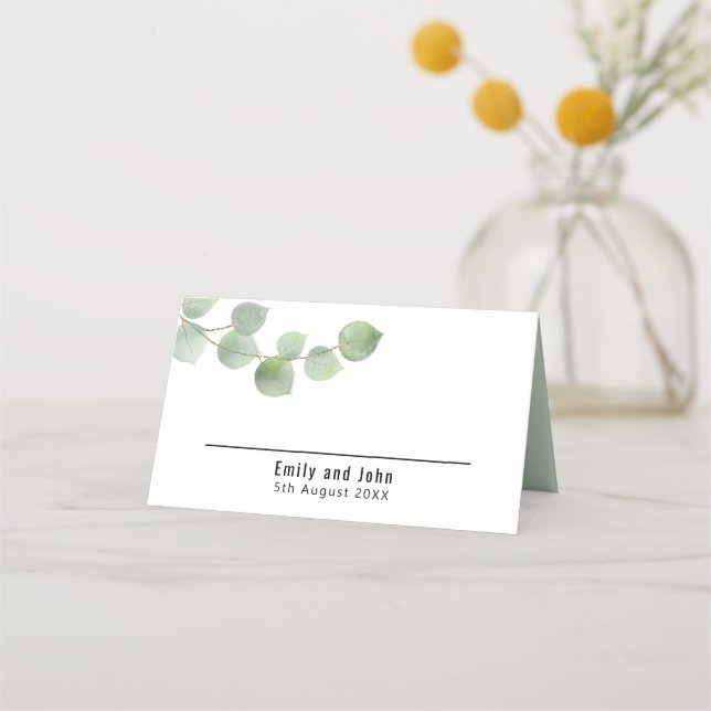 Elegant Green Gold Eucalyptus Names Date Wedding Place Card (Front)