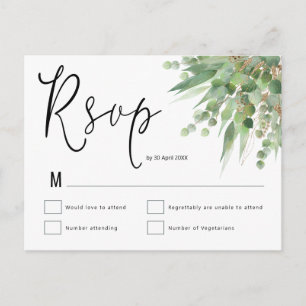 Elegant Green Gold Eucalyptus Script Wedding RSVP Postcard