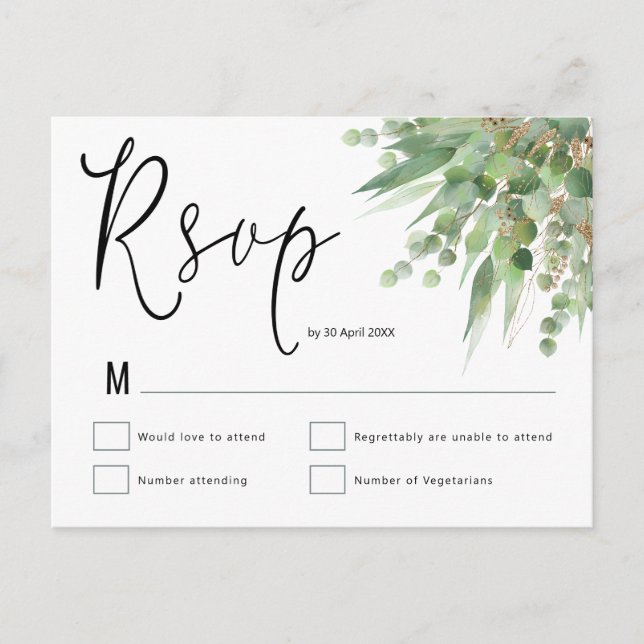Elegant Green Gold Eucalyptus Script Wedding RSVP Postcard (Front)