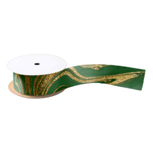 Elegant Green Gold Faux Marble Christmas Satin Ribbon