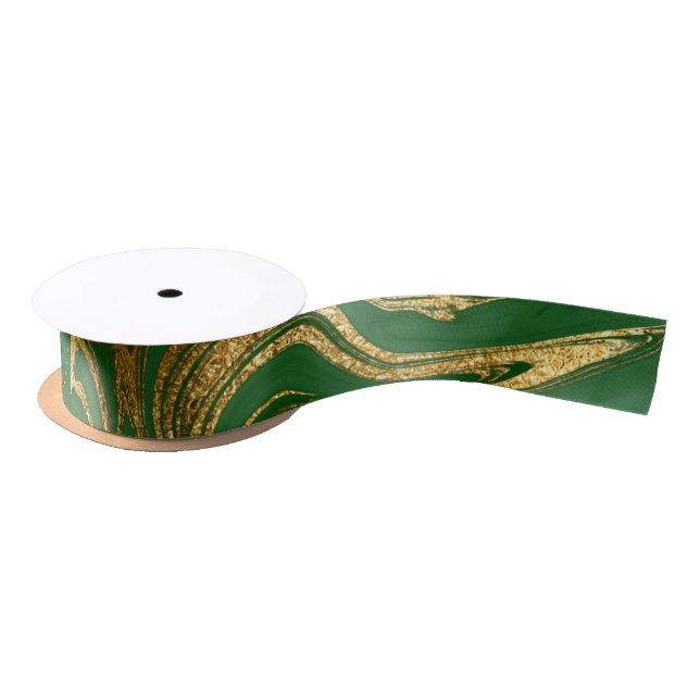 Elegant Green Gold Faux Marble Christmas Satin Ribbon (Spool)