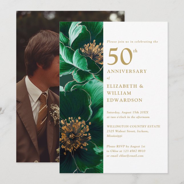 Elegant Green Gold Floral 50th Anniversary Photo Invitation (Front/Back)