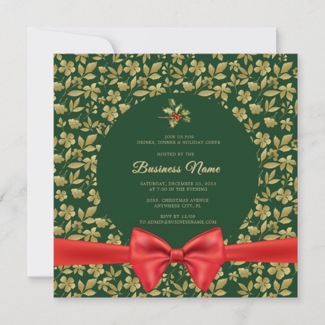 Elegant Green Gold Floral Christmas Business Party Invitation (Front)