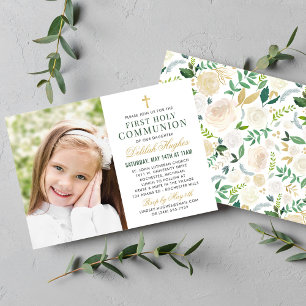 Elegant Green Gold Floral First Communion Photo Invitation
