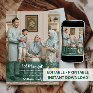 Elegant Green & Gold Floral Photo Eid Mubarak Card