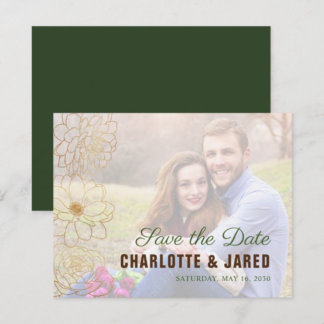 Elegant Green & Gold Floral Save the Date Photo (Front/Back)