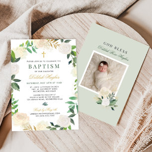 Elegant Green Gold Floral Wreath Girl Baptism Invitation