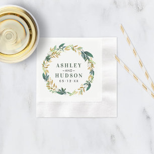 Elegant Green Gold Floral Wreath Monogram Wedding Napkin