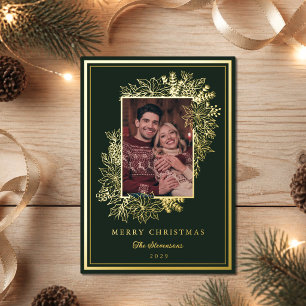 Elegant Green Gold Foil Botanical Frame Photo Holiday Card