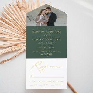 Elegant Green Gold Foil Calligraphy Photo Wedding All In One Invitation