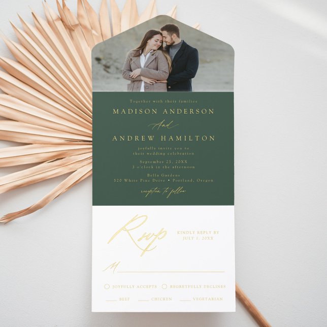 Elegant Green Gold Foil Calligraphy Photo Wedding All In One Invitation (Creator Uploaded)