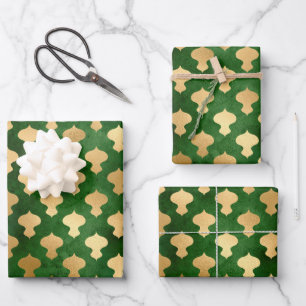 Elegant green gold foil Christmas ornament pattern Wrapping Paper Sheet