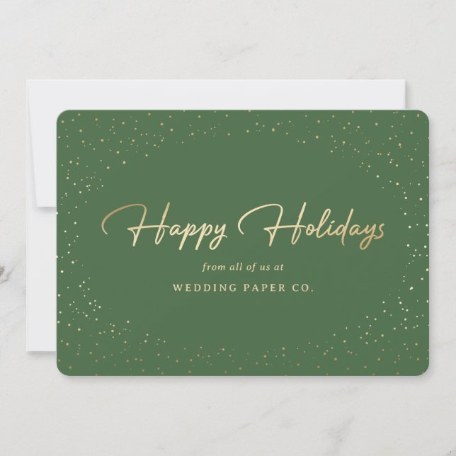 Elegant Green Gold Foil Hand Lettered Business Holiday Card (Front)