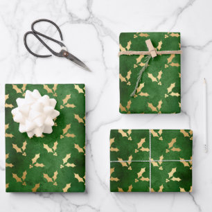 Elegant green gold foil mistletoe pattern festive wrapping paper sheet
