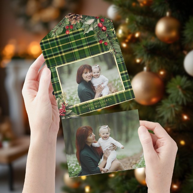 Elegant Green/Gold Foil Plaid Holly Photo  All In One Invitation (Creator Uploaded)