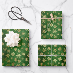 Elegant green gold foil snowflakes pattern festive wrapping paper sheet