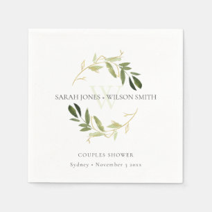 ELEGANT GREEN GOLD FOLIAGE WREATH COUPLES SHOWER NAPKIN