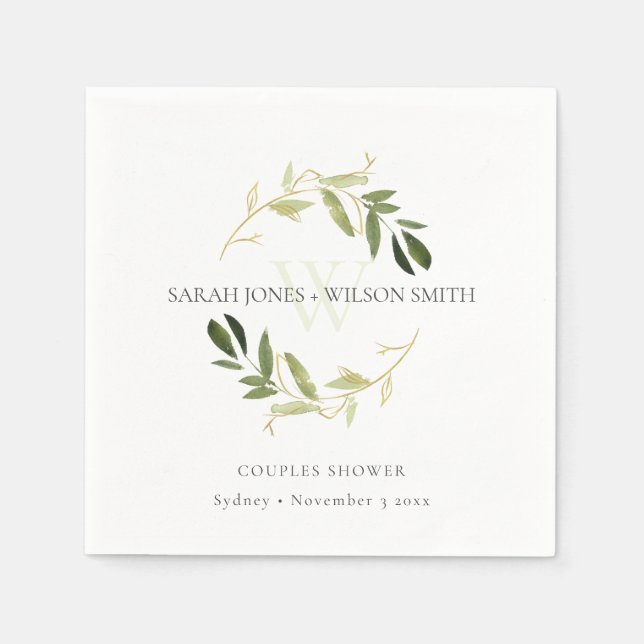 ELEGANT GREEN GOLD FOLIAGE WREATH COUPLES SHOWER NAPKIN (Front)