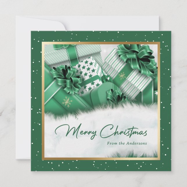Elegant Green Gold Gifts Snow Christmas Cards (Front)