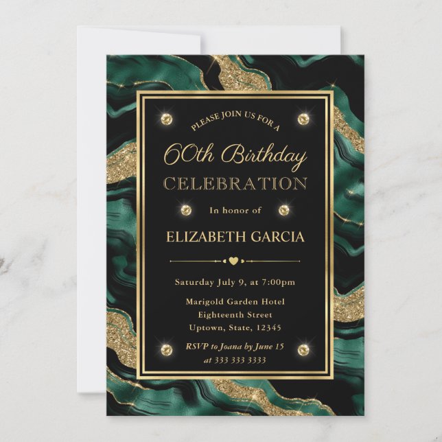 Elegant Green & Gold Glitter Agate 60th Birthday Invitation (Front)