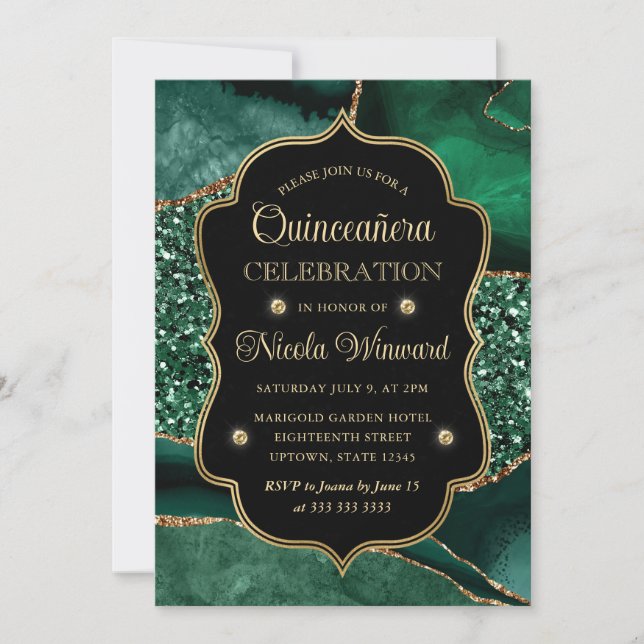 Elegant Green & Gold Glitter Agate Quinceanera Invitation (Front)