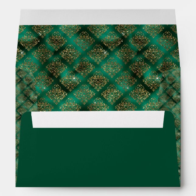 Elegant Green Gold Glitter Damask Modern Chic Envelope (Back (Bottom))