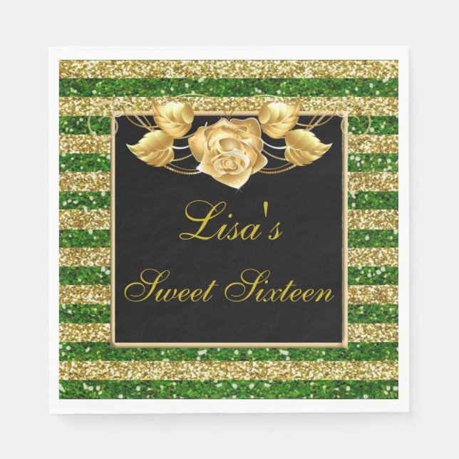 Elegant Green Gold Glitter Gold Rose Sweet 16 Napkin (Front)