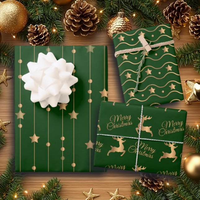 Elegant Green Gold Glitter Stars and Reindeers Wrapping Paper Sheet (Creator Uploaded)